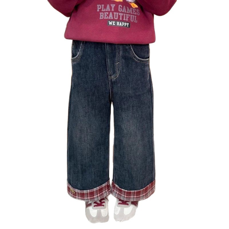 Pantalones de niñas de primavera pantalones jeans de cuadros rojos suaves nuevos niños primavera y otoño delgados bebé pantalones de piernas anchas