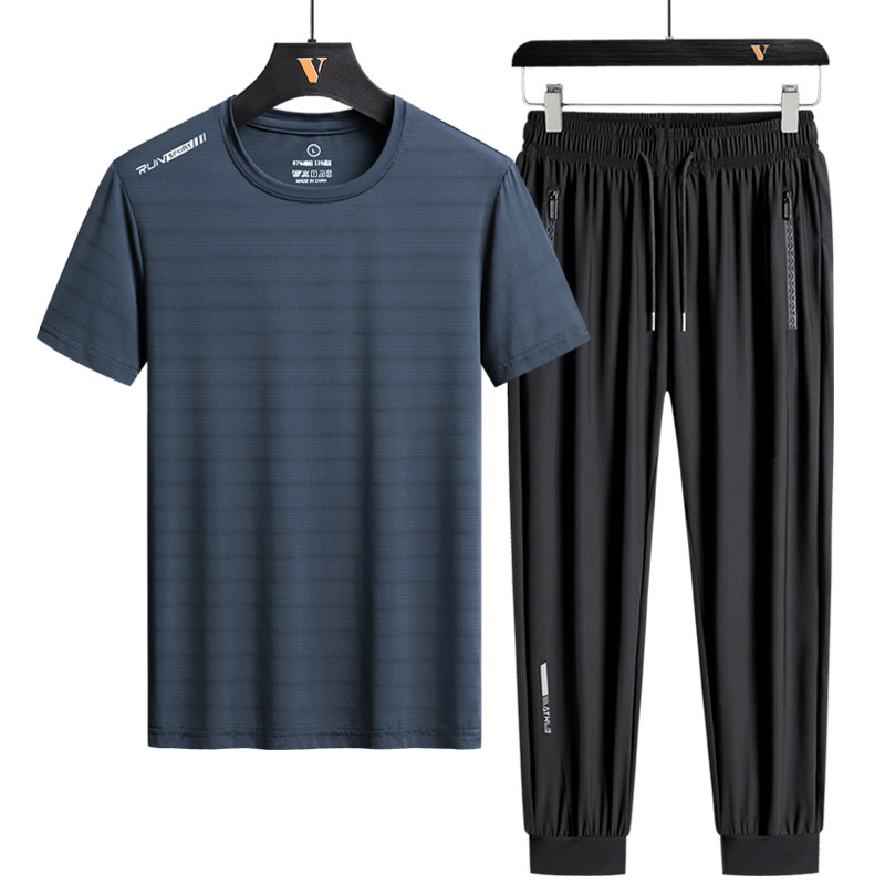 Traje deportivo de seda de hielo para hombres ropa de correr juvenil Verano de secado rápido casual Camiseta de manga corta Pantalones deportes traje de dos piezas