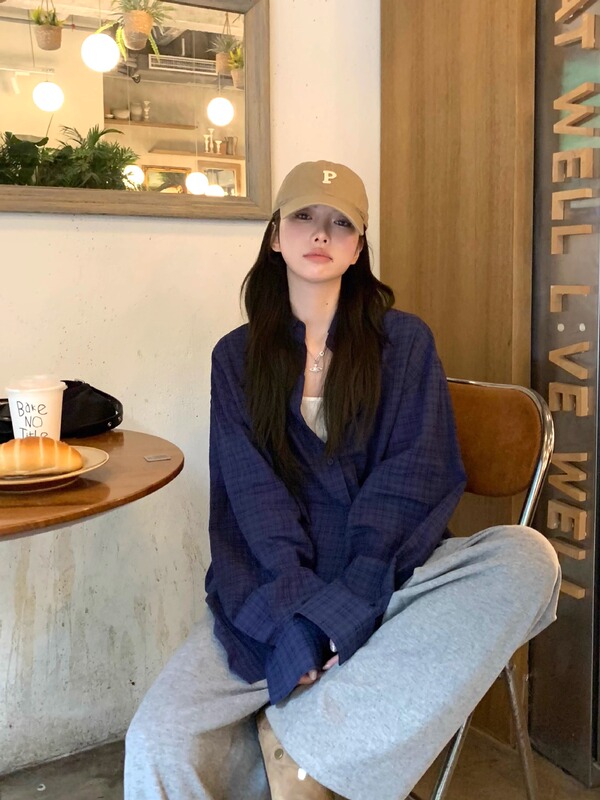 韩系复古深蓝格纹衬衫女春夏宽松休闲外套百搭港味慵懒设计感衬衣|undefined
