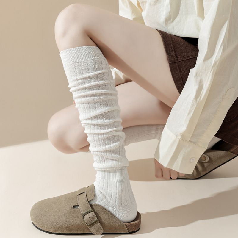 White Calf Socks, Stacked Socks for Women, Knee-High Thigh Socks, Long Boot Socks, Miu Korean-Style Striped Socks, Summer Women's Socks