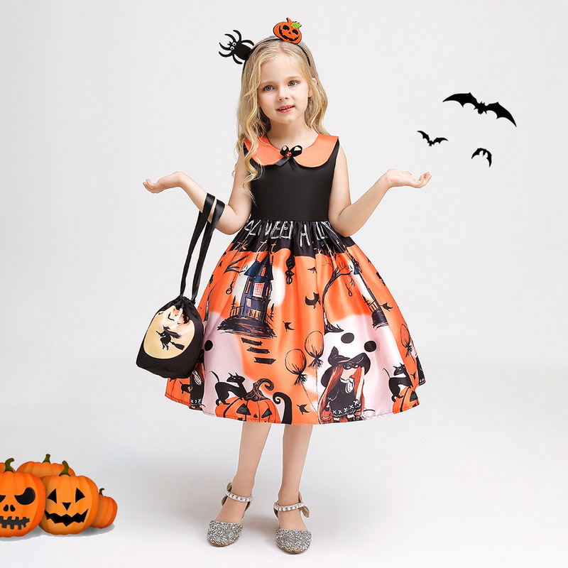 ハロウィンドレス 子供用コスプレ衣装 城の魔女プリントプリンセスドレス パーティーコスプレ衣装|undefined