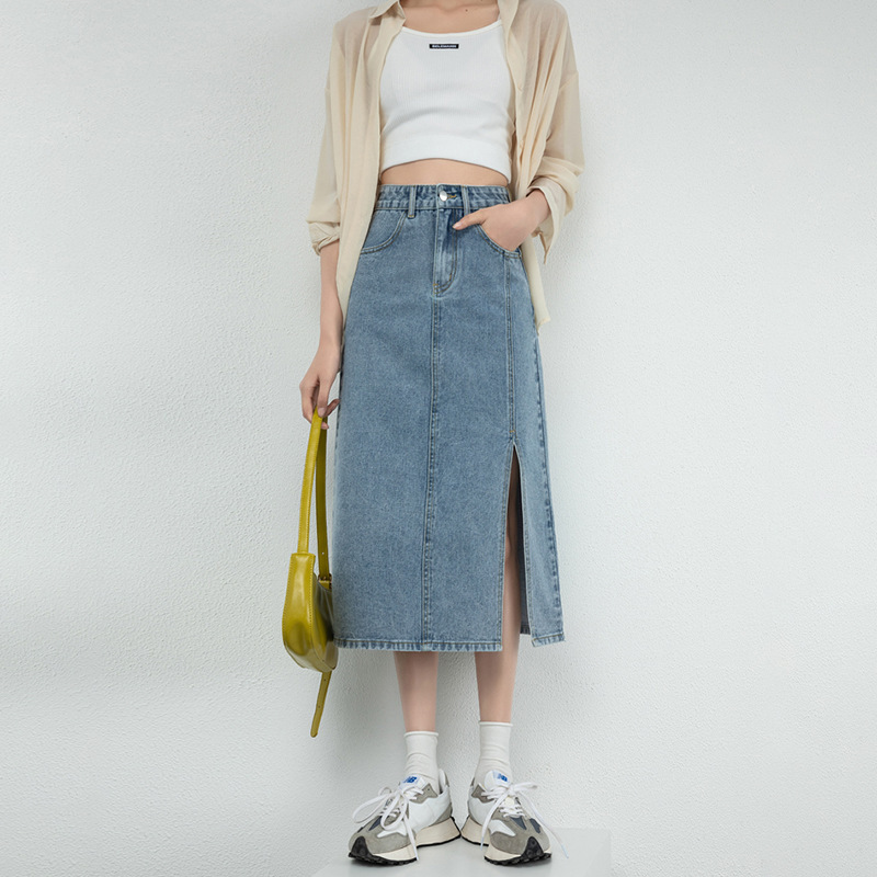 009 Korean Style Simple Denim Skirt Spring and Summer New High Waist A- shaped Mid-length Side Split Hip Jeans Skirt 009 Korean Style Simple Denim Skirt Spring and Summer New High Waist A- shaped Mid-length Side Split Hip Jeans Skirt