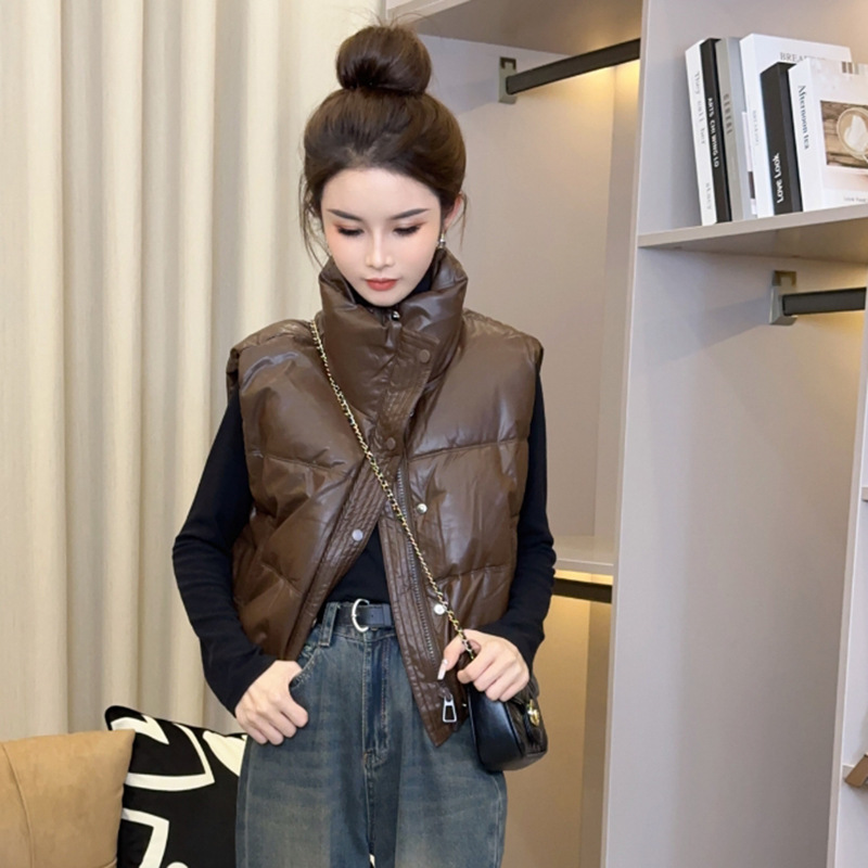 Down Vest Short Collar 2024 Korean Style New Casual PU Leather Vest All-match White Duck Waistcoat