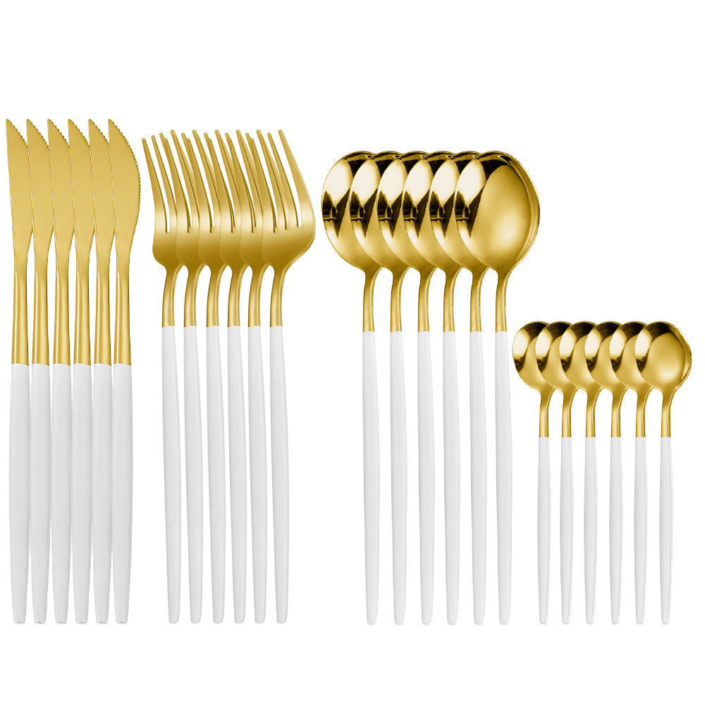 En stock de acero inoxidable chapado en oro vajilla occidental de cuatro piezas principales cuchillo, tenedor y cuchara suministro transfronterizo conjunto de 24 piezas traje de vajilla portuguesa