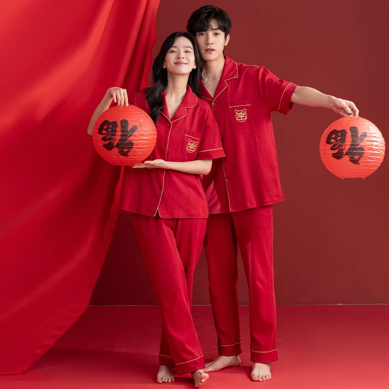 Pijamas Boda boda pareja traje rojo algodón hombres mujeres pantalones de manga corta pareja de media manga pijamas verano