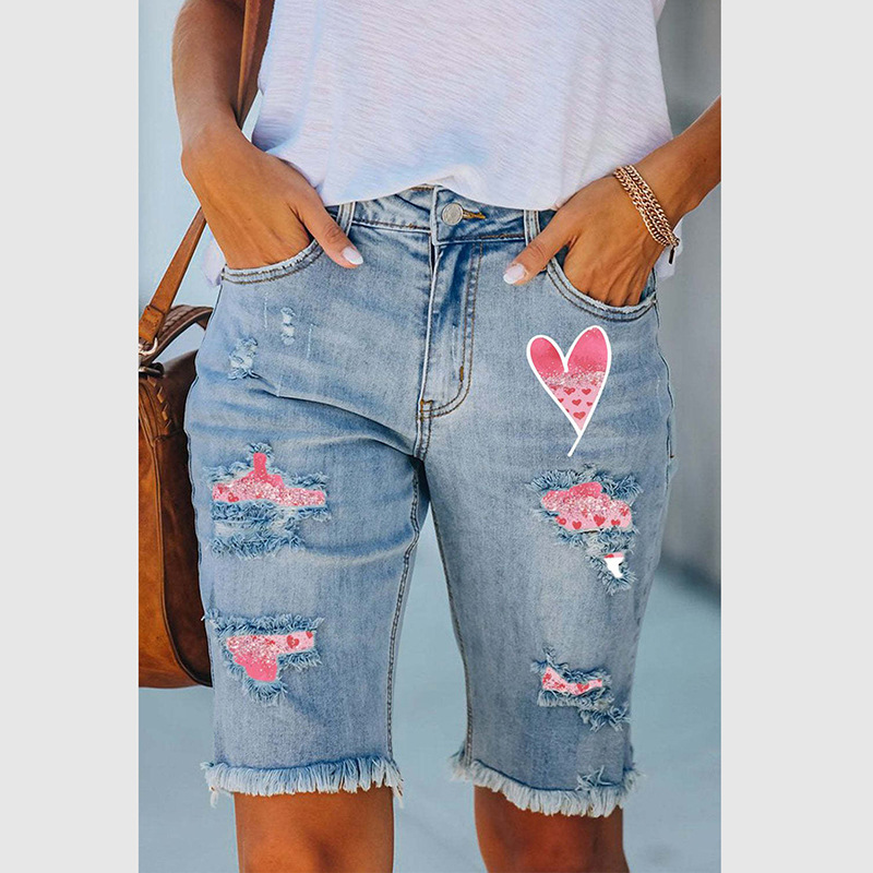 European and American New Style Valentine's Day Shiny Heart-Shaped Print Ripped Jeans with Frayed Hem Tight-Fitting Casual Denim Shorts