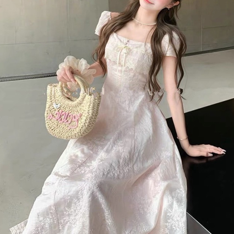 2026 New Style Misty Pink Tea Party Summer Girly Style Lace Splicing Embroidered Long Dress A-Line Waist-Cinching Dress Long Skirt 2026 New Style Misty Pink Tea Party Summer Girly Style Lace Splicing Embroidered Long Dress A-Line Waist-Cinching Dress Long Skirt
