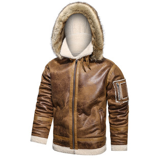 Men's fleece-lined lambswool leather jacket thickened plus size leather jacket warm motorcycle clothing hooded retro foreign trade jacket European and American fashion