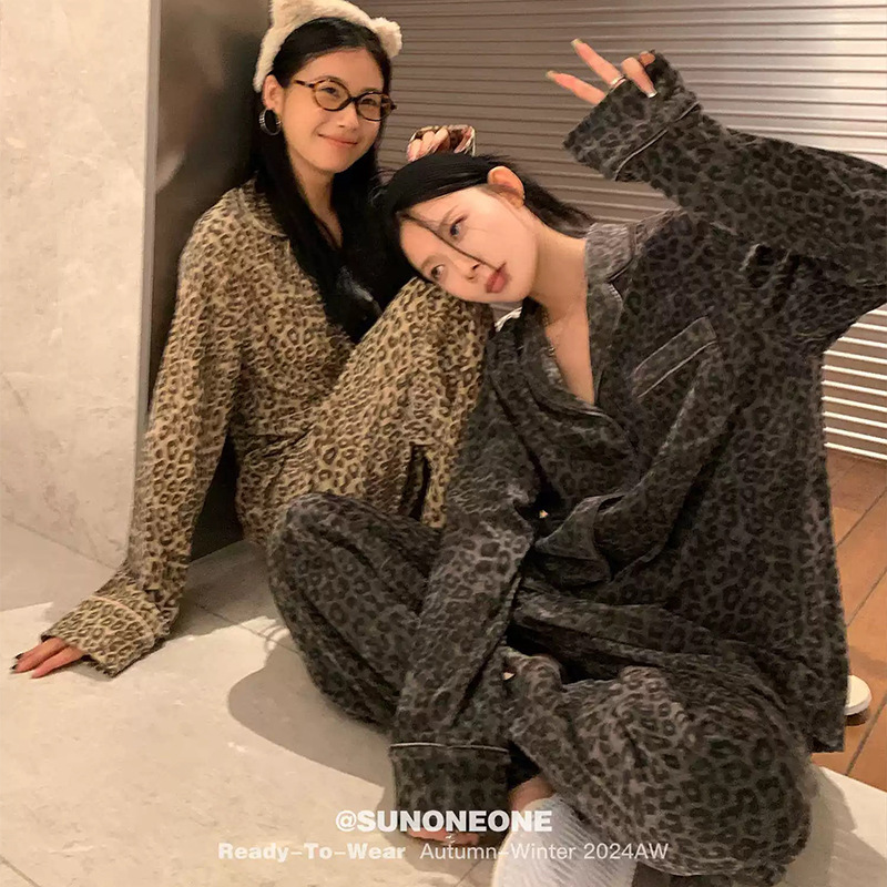 德绒睡衣女秋冬季新款豹纹开衫翻领加厚高级感宽松情侣家居服套装|undefined