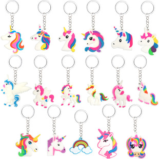 Amazon cartoon unicorn keychain PVC soft rubber rainbow horse pendant jewelry small gift toy in stock