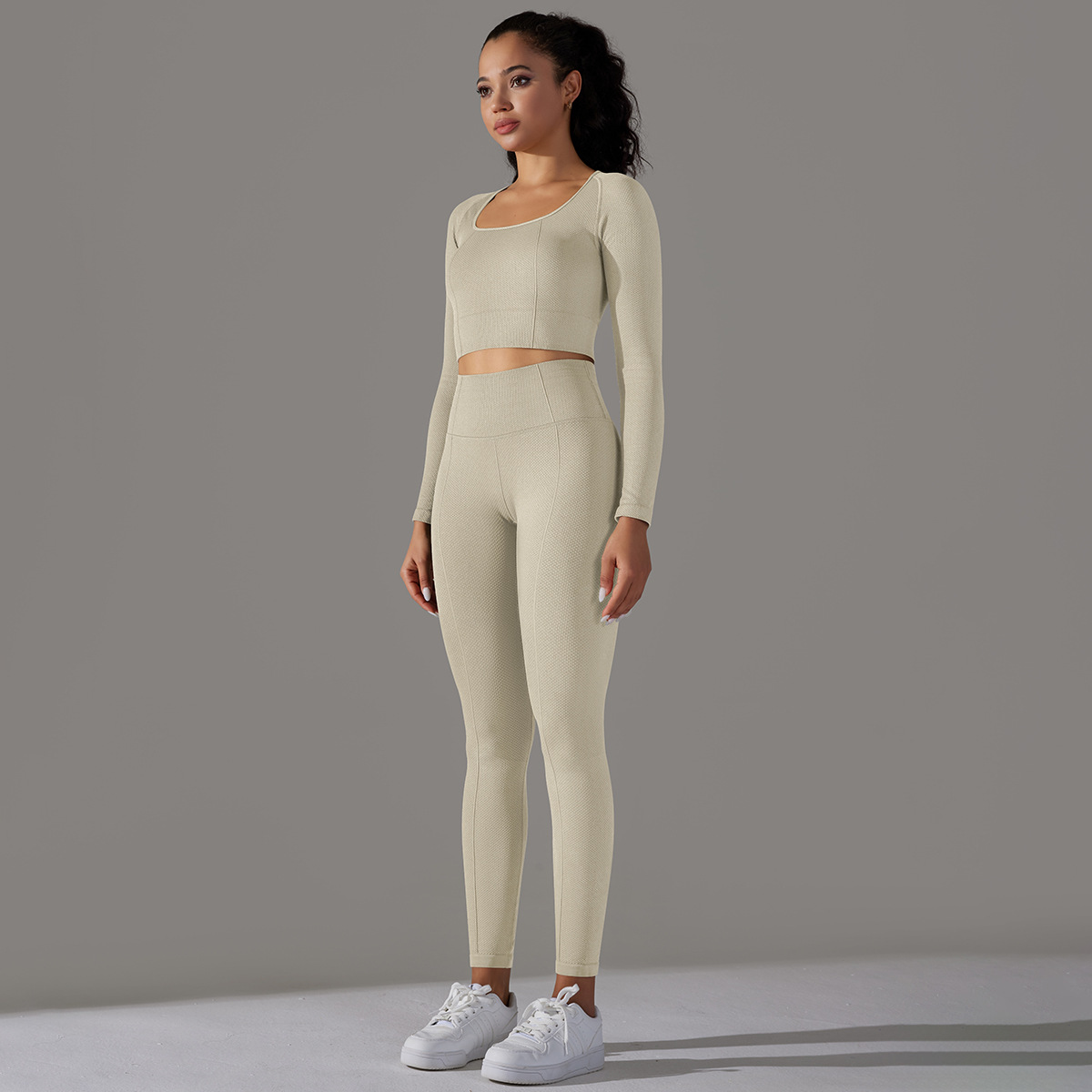 Women's Jacquard Yoga Dress Long Sleeve Suit High Waist Hip Tights Fitness Sportswear_voghion.com