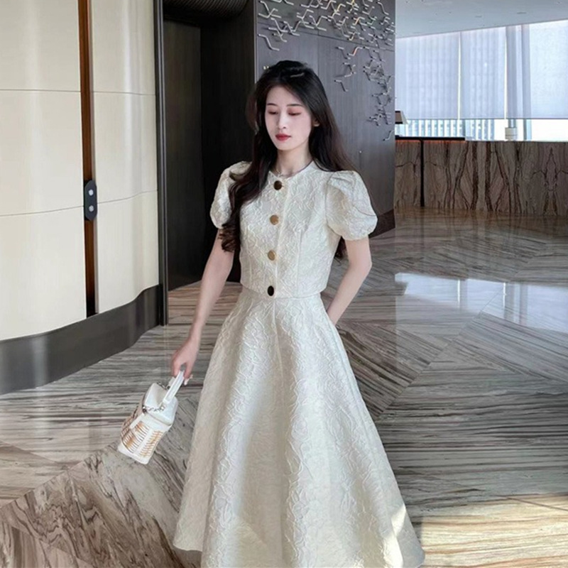 2025夏季新款富家千金过膝连衣裙白色上衣高腰半身裙两件套套装裙
