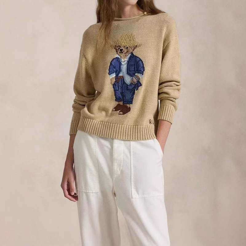 R ~ 25 Early Spring Classic Curl Collar Straw Hat Bear Embroidered Loose Joker Retro Fashionable Lazy Style Knitwear