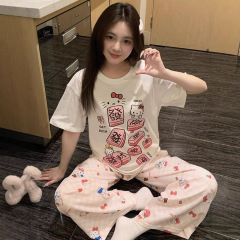 日本の新しい夏の純綿半袖 T シャツ女性のためのハローキティプリント半袖 T シャツルーズトップ