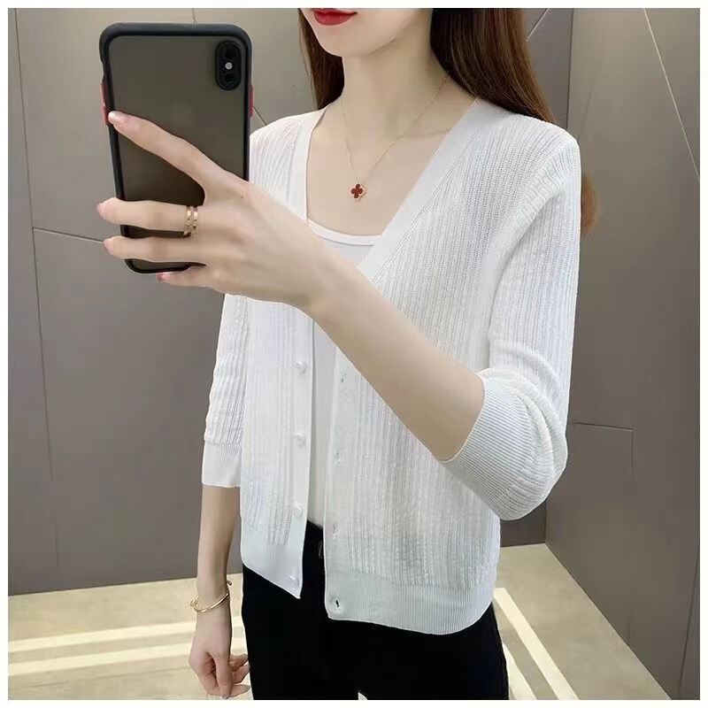 Thin Spring and Autumn Cardigan Knitted Ice Silk Jacket for Women, Short Versatile Sun Protection Air Conditioning Shirt, Hollow-Out Top with V-Neck