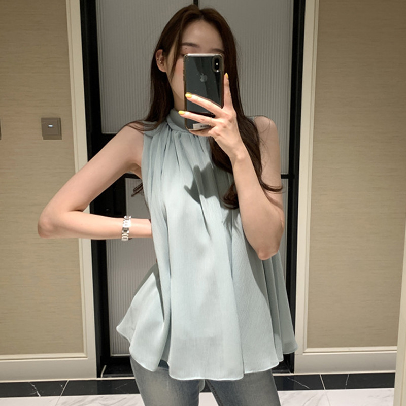 Korean Style Chic Summer French Style Elegant Collar Pleated Loose Casual All-match Solid Color Sleeveless Vest Shirt for Women