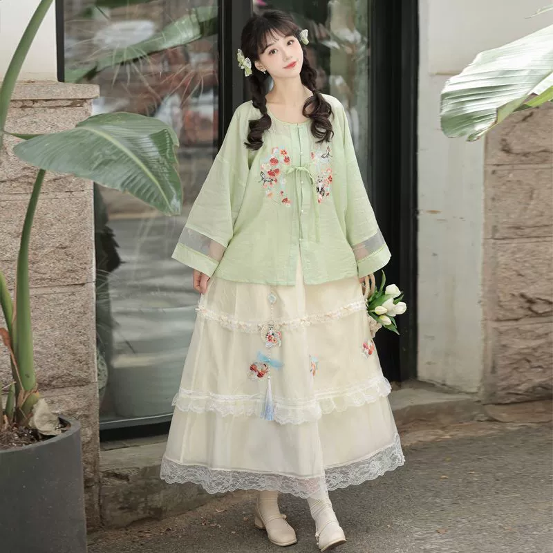 Оригинальная женская двубортная рубашка Hanfu с кружевной юбкой с вышивкой, свежий и улучшенный универсальный комплект с элементами Han на каждый день.