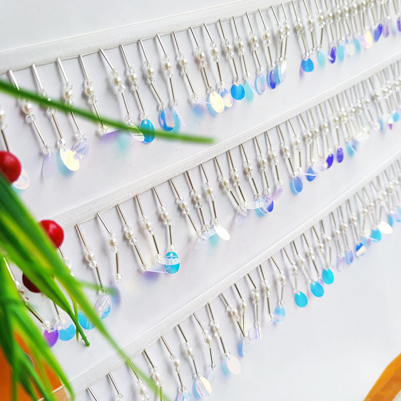 5CM宽水晶珠片珠帘装饰珠管流苏吊珠新款装饰辅料花边白色围巾