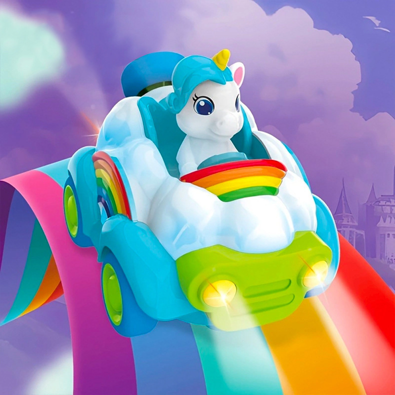 Coche de juguete modelo unicornio musical de dibujos animados transfronterizo con control remoto, arcoíris, rosa y azul, para niños y niñas