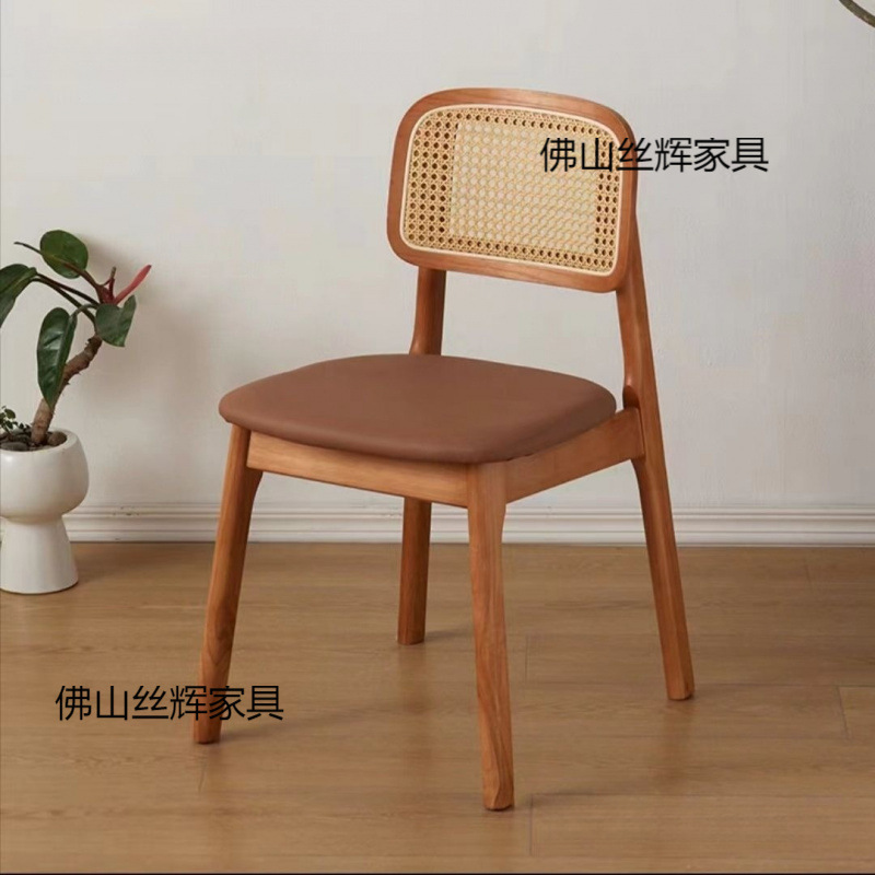 Solid Wood Rattan Dining Chair Home Simple Medieval Backrest Chair Nordic Log Style Desk Stool Dining Table Leisure Chair