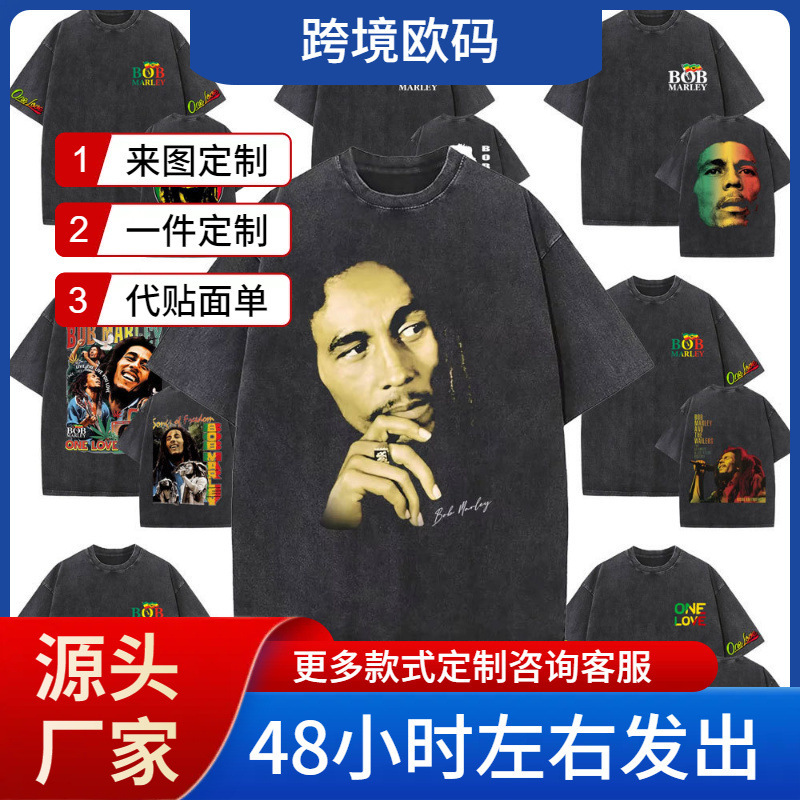 Classic Reggae Bob Marley Big Face Graphic T-Shirt Washed Vintage Bob Marley Anniversary Print T-Shirt Men