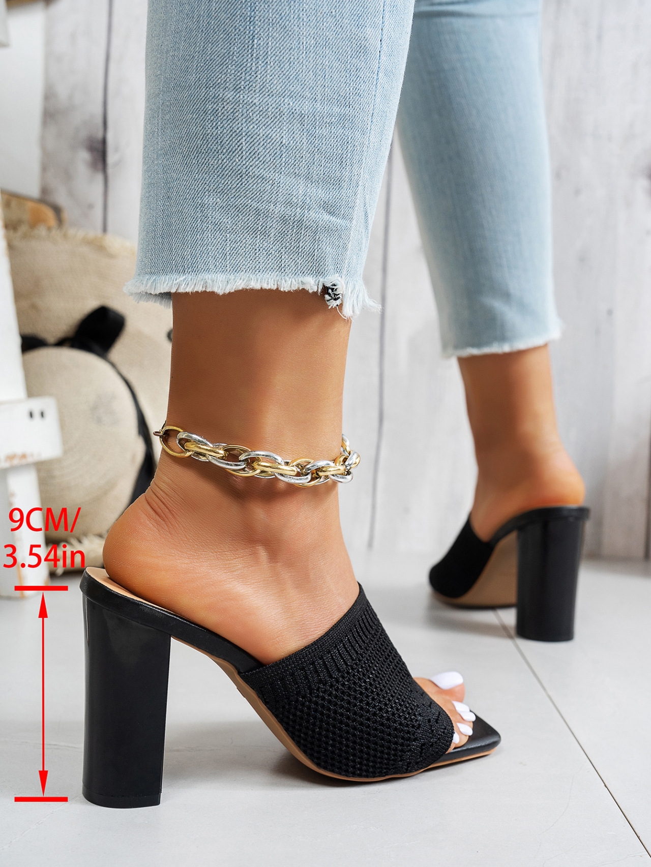 Women's Square Toe Flyknit High Heeled Sandals Chunky Heel Slippers_voghion.com