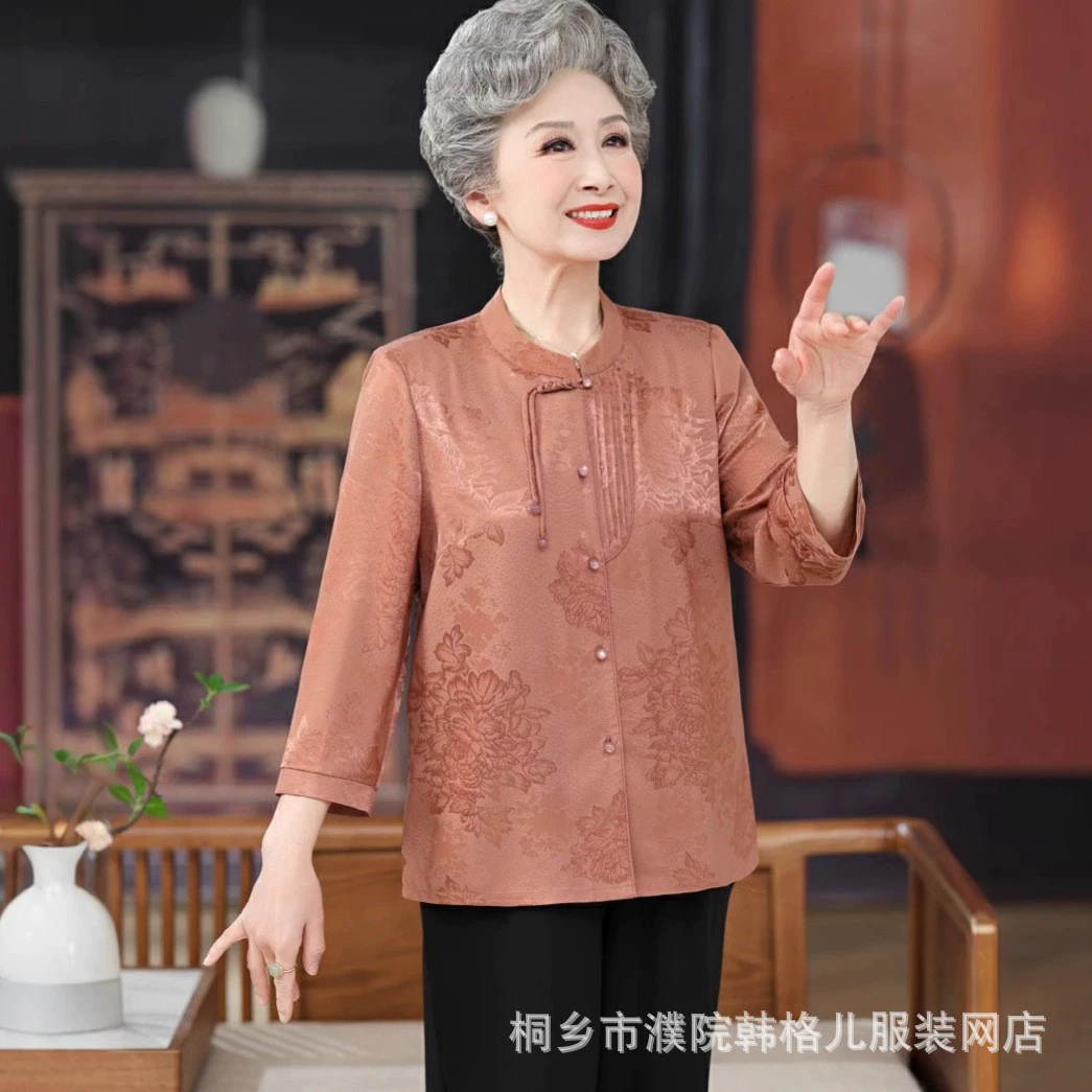 Бабушка весенняя рубашка повседневная пожилая женщина мама весна и лето ледяная шелковая рубашка иностранная старушка китайская топ