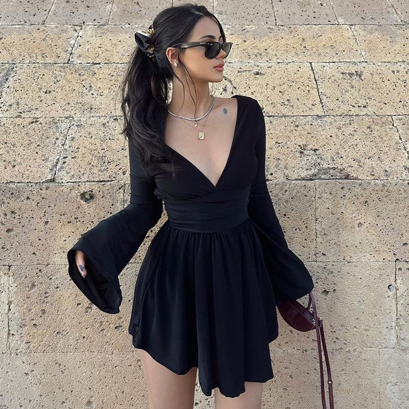 Amazon European and American women's autumn and winter new women's net color long sleeve V-neck waist temperament hot girl dress wholesale Amazon European and American women's autumn and winter new women's net color long sleeve V-neck waist temperament hot girl dress wholesale