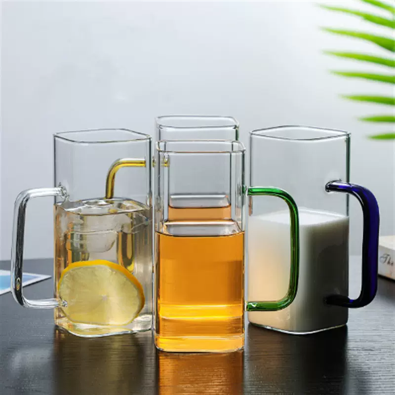 高硼硅方形奶茶杯玻璃杯子彩色带手把透明水杯早餐杯果饮直身杯子