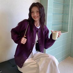 韩版学院风紫色开衫毛衣女秋季2025新款宽松显瘦休闲显白百搭上衣
