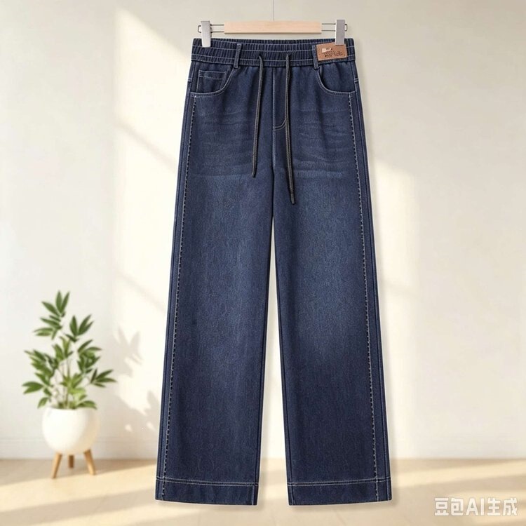 Women's Spring and Autumn Denim Wide-Leg Pants with Elastic Waist and Drawstring, High-Waisted, Straight-Leg, Loose Fit, Plus Size, for Middle-Aged and Elderly Women Women's Spring and Autumn Denim Wide-Leg Pants with Elastic Waist and Drawstring, High-Waisted, Straight-Leg, Loose Fit, Plus Size, for Middle-Aged and Elderly Women