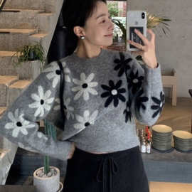 韩国chic秋季复古小众圆领花朵印花设计宽松百搭长袖针织衫毛衣女