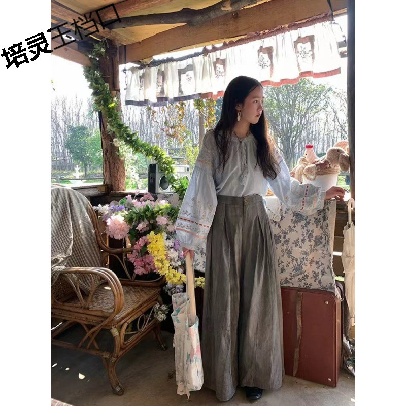 古着商店"蜂蜜雏菊"复古亚麻棉长袖衬衫女春宽松刺绣灯笼袖上衣|undefined