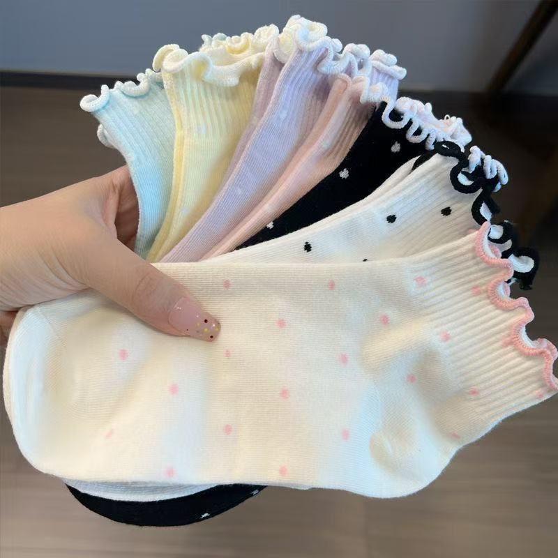 Women's ruffled edge socks, thin summer short socks, spring and autumn polka dot cute low-cut breathable socks for girls, trendy on Instagram