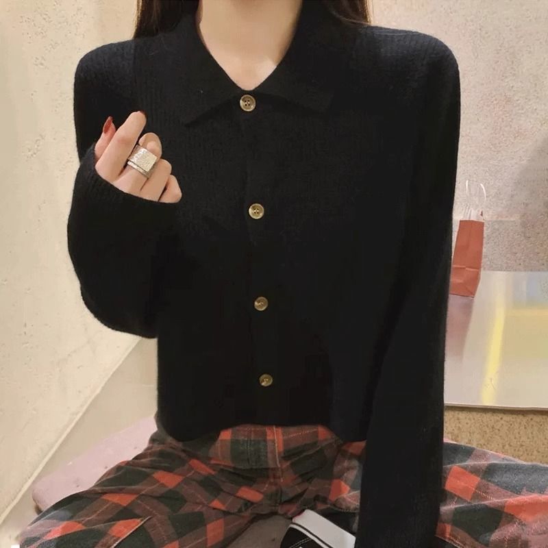 港味复古polo领针织衫女早秋温柔风慵懒宽松毛衣开衫翻领短款上衣|undefined