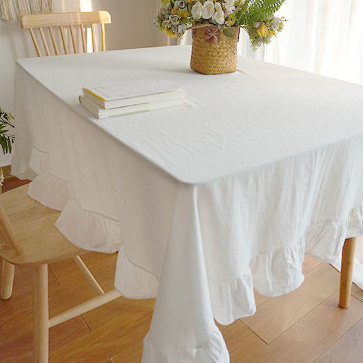 现代网红亚麻棉麻荷叶边桌布白纯色花边拍摄客厅茶几布圆餐桌台布