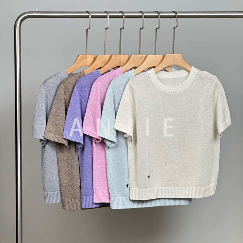 Popular Casual Bee-Patterned Japanese Imported Washi Yarn Short-Sleeve Shiny Top, Short Fashion Round-Neck Knit Shirt