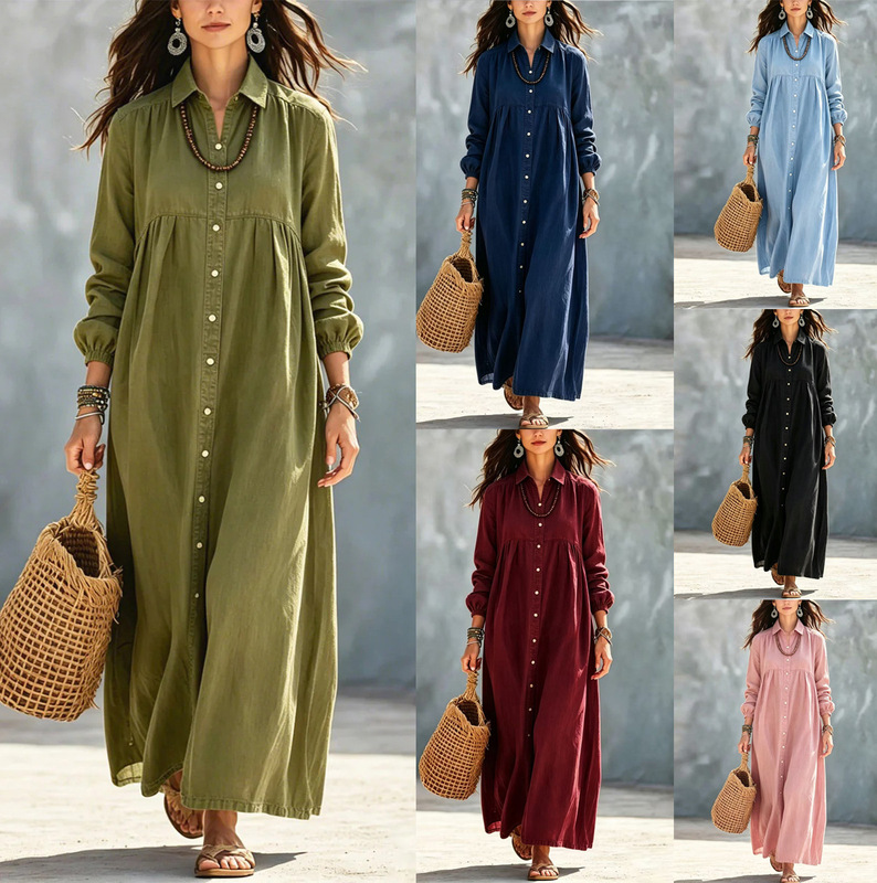 Spring and Autumn New Solid Color Shirt-Style Long Dress, Cross-Border European and American Women's Fashion, Loose Button-Down Lapel Casual Long-Sleeve Dress Spring and Autumn New Solid Color Shirt-Style Long Dress, Cross-Border European and American Women's Fashion, Loose Button-Down Lapel Casual Long-Sleeve Dress