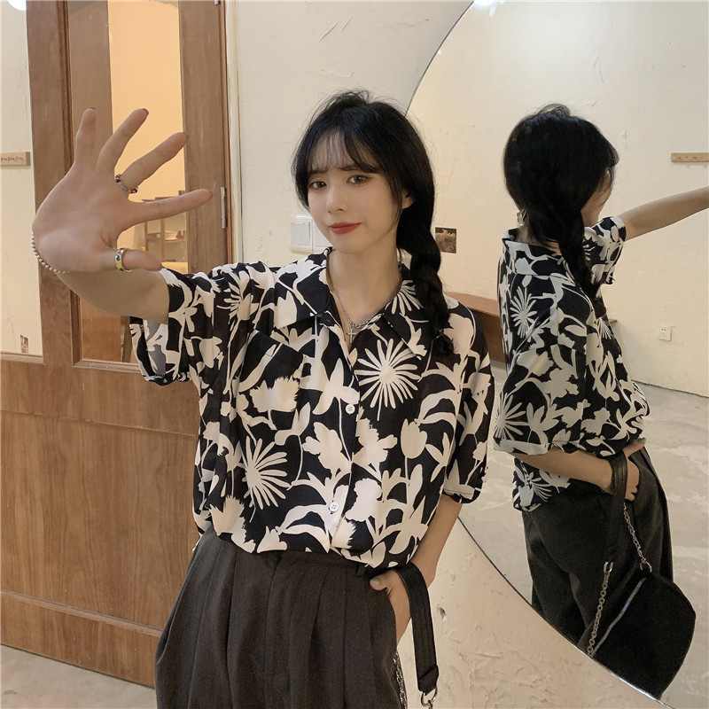 港味盐系复古桔梗印花衬衫女2024夏季新款原宿风短袖上衣