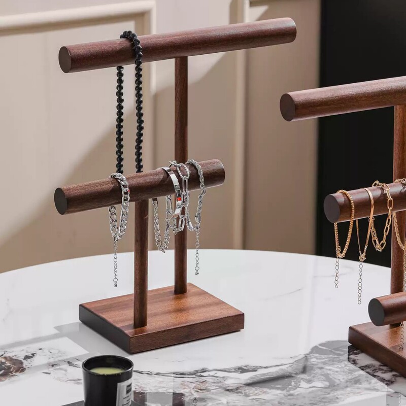 Solid Wood Jewelry Display Stand, Double-Layer Walnut Color Bracelet and Necklace Storage Rack, Desktop Organizer, Cross-Border Solid Wood Jewelry Display Stand, Double-Layer Walnut Color Bracelet and Necklace Storage Rack, Desktop Organizer, Cross-Border