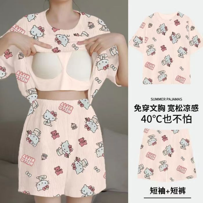 Pijamas al por mayor transfronterizos para mujer verano con almohadilla fija para el pecho casual de dibujos animados lindos pantalones cortos de manga corta ropa a domicilio de dos piezas