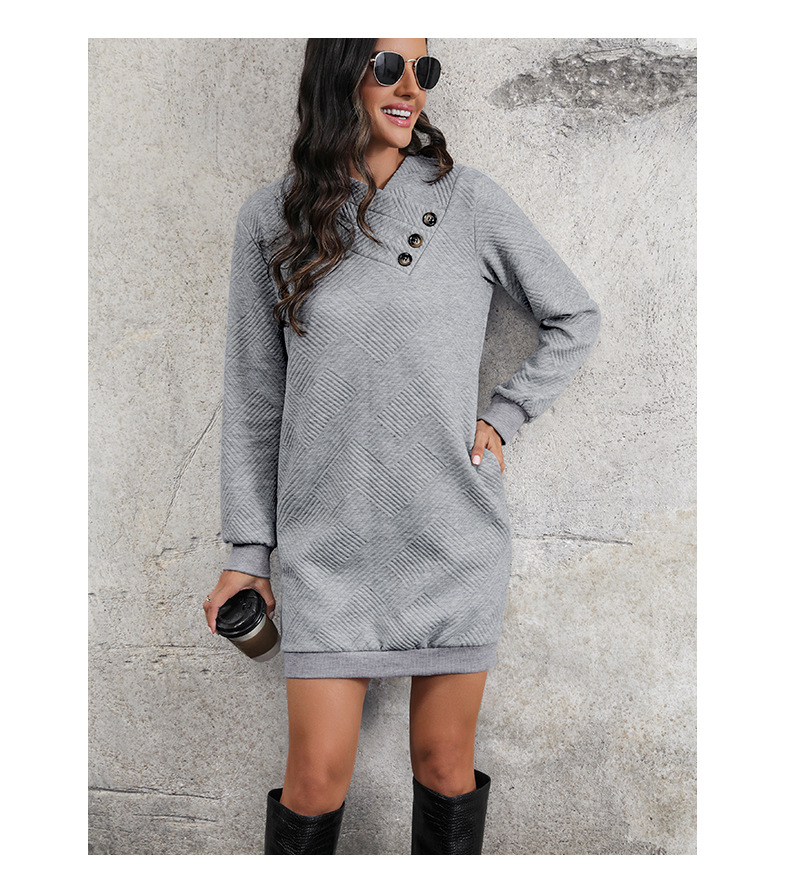 Einfarbiges, langärmliges, modisches Strickkleid mit Taschenknopf und Rundhalsausschnitt_voghion.com