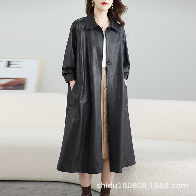 Haining Leather Coat, Loose Fit, Extra-Long Trench Coat, Vegetable-Tanned Sheepskin Genuine Leather Women's Coat, Commuter Style