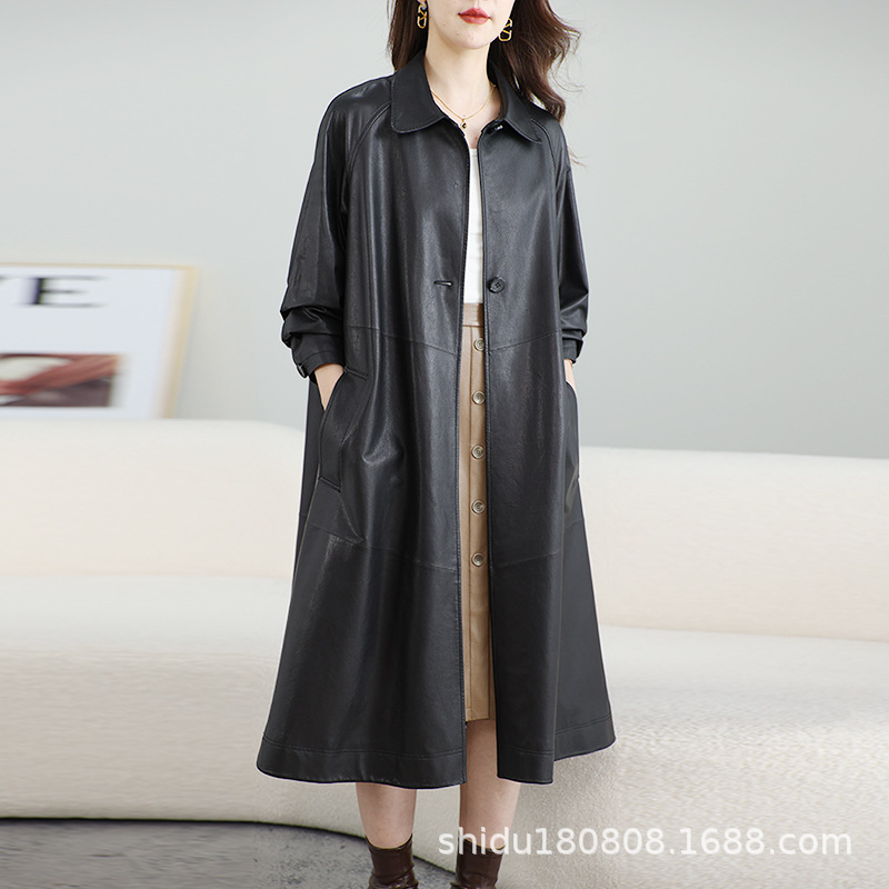 Haining Leather Coat, Loose Fit, Extra-Long Trench Coat, Vegetable-Tanned Sheepskin Genuine Leather Women's Coat, Commuter Style