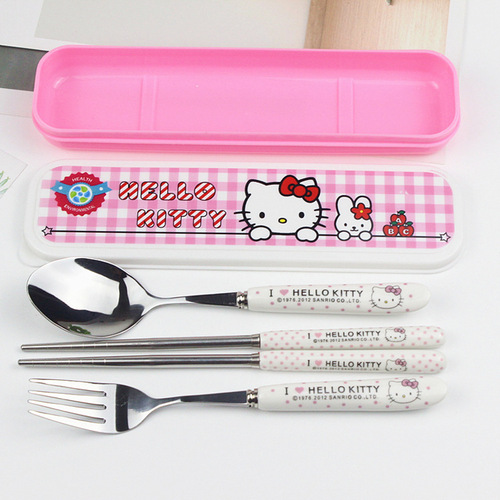 Wholesale of cute cartoon children's tableware, student portable food grade 304 stainless steel tableware, spoon, fork and chopsticks set