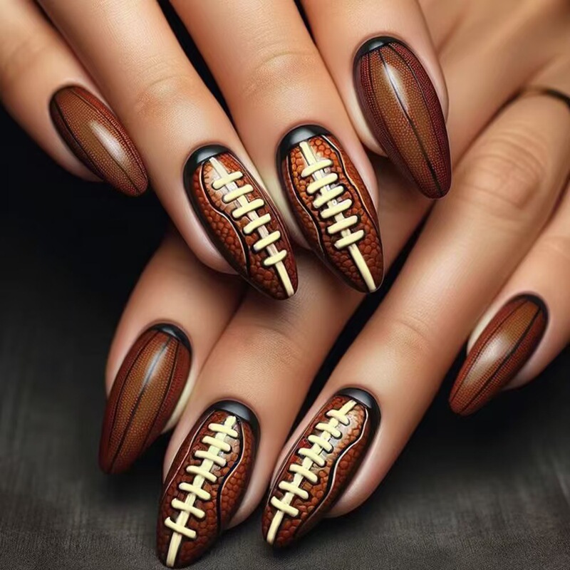New Style Drop-Shaped Wearing Armor Pieces Brown American Football Nail Stickers Cross-Border Bright Short Almond Armor