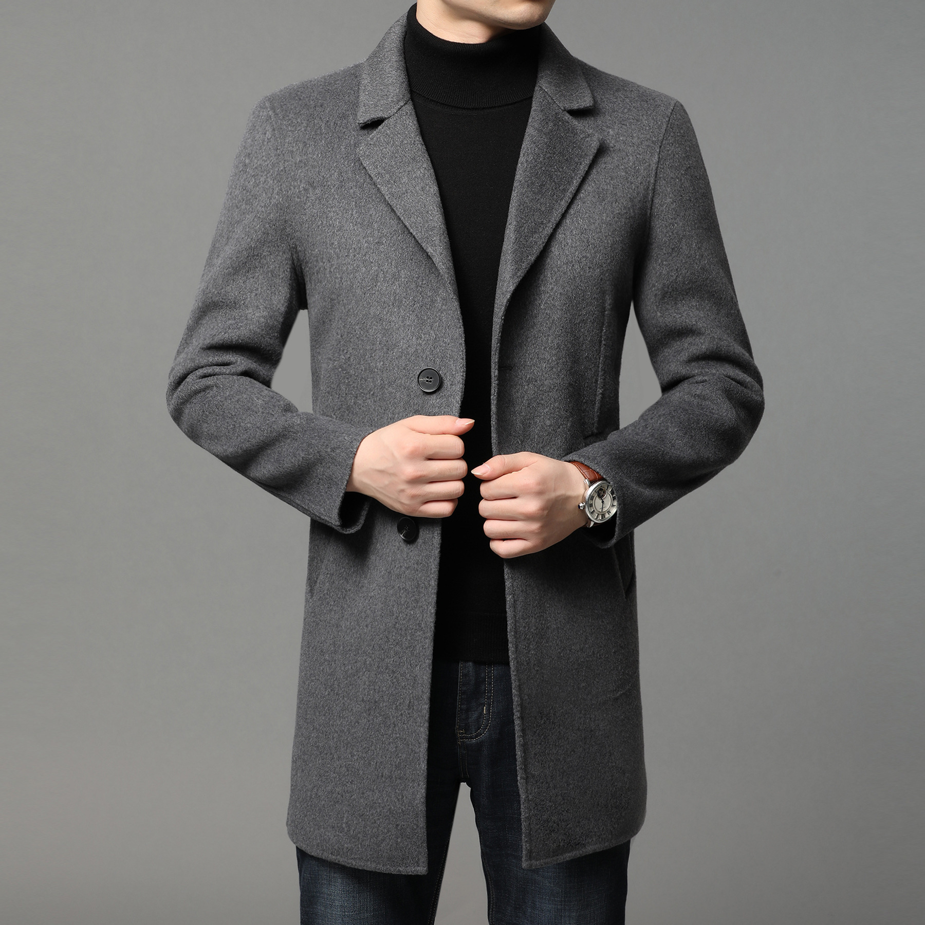 Men's Autumn/Winter Wool Overcoat, Mid-Length, Casual, Trendy Business Style, Double-Faced Wool, Solid Color, Suit Collar