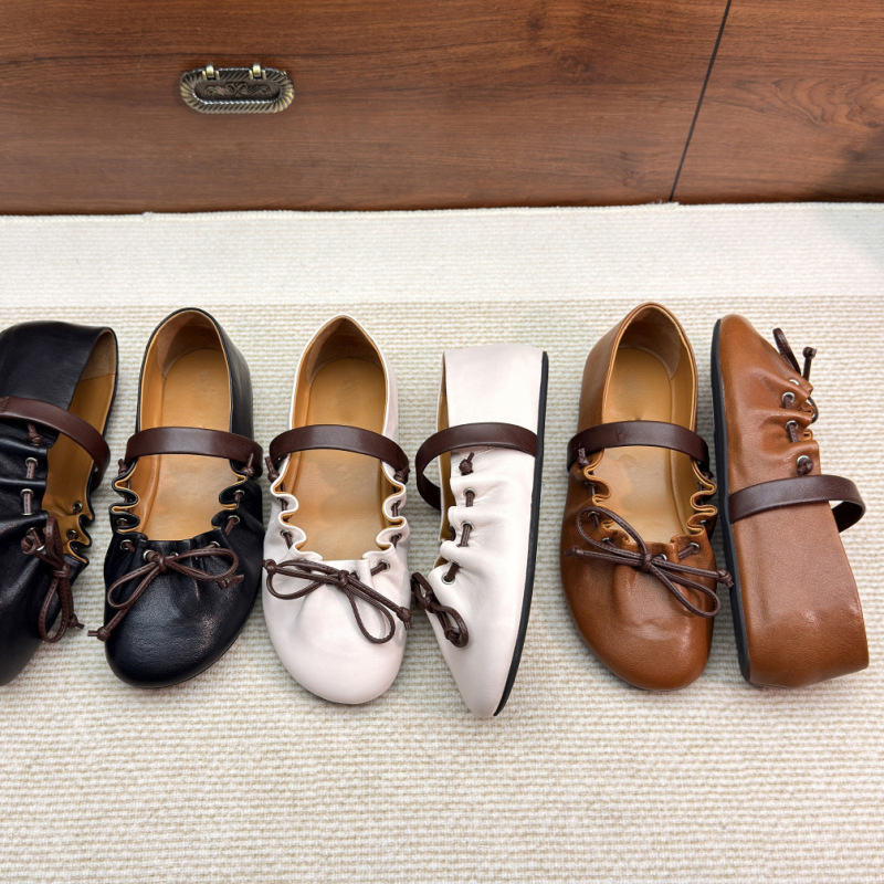 Gorgeous~ French Fairy-Style Mary Jane Shoes for Women with Bowknot and Pleated Design, Flat Sole, Genuine Leather Ballet Flats