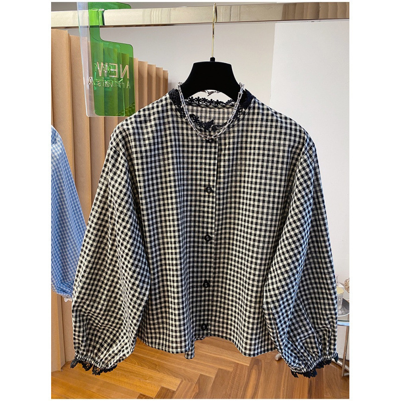 Korean Black and White Checkered Shirt Women's Long-Sleeved Spring 2025 New Lace Loose Lace Splicing Short Inner Top