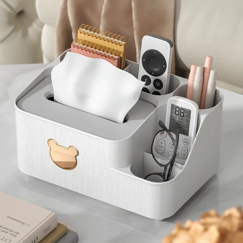 Universal Table Organizer Box, Multi-Compartment Tissue & Remote Holder, Light Luxury